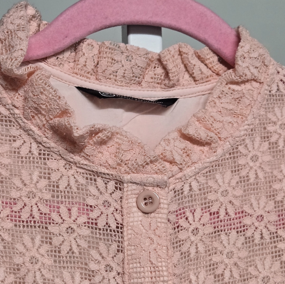 PRETTYGARDEN Lace Long Sleeve Eyelet Button-Down Blouse Sz Small Pink - Picture 4 of 8